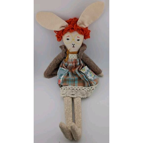 Handmade Bunny Ragdoll Modern Red Hair Glasses Rabbit Cloth Doll 16" Plaid Dress - Picture 1 of 10